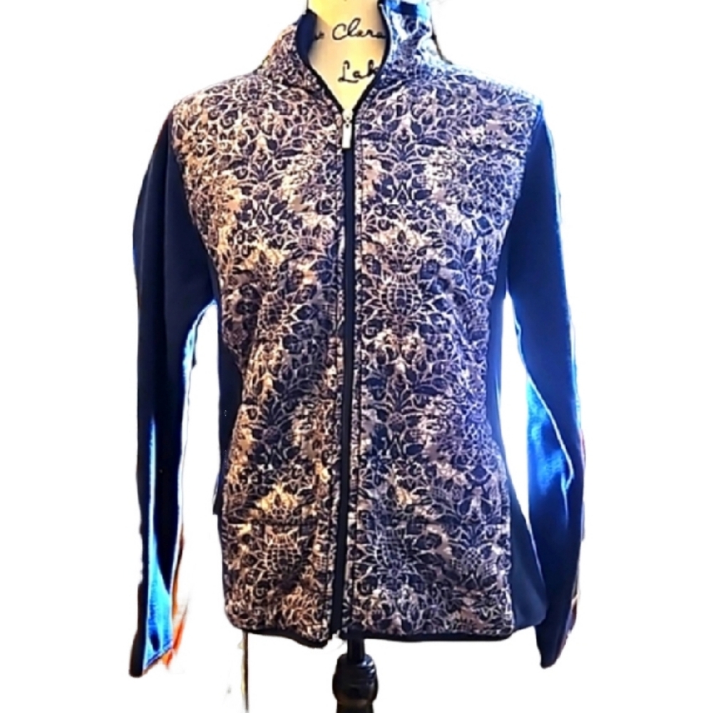🧥FRESH women's fleece zip up jacket blue/gray pattern size Large